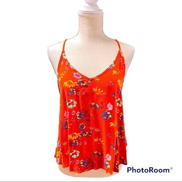 Elodie large orange floral spaghetti straps lace open back silky top - Picture 1 of 5